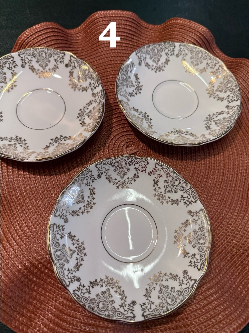3- Elegant White and Gold Porcelain Saucer - Vintage Style- regency bone China